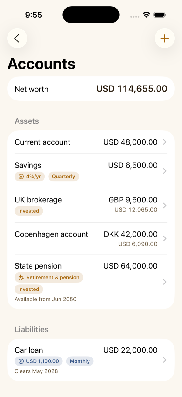 The Accounts screen: balances in their own currencies, with what is owed listed plainly.